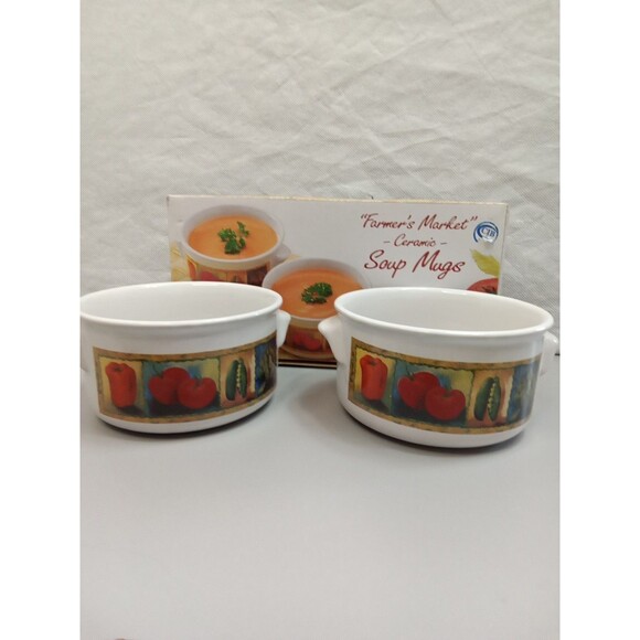Giftco Inc Farmers Market Set Of 2 Soup Bowls Ceramic Dishwasher Safe - Picture 1 of 11